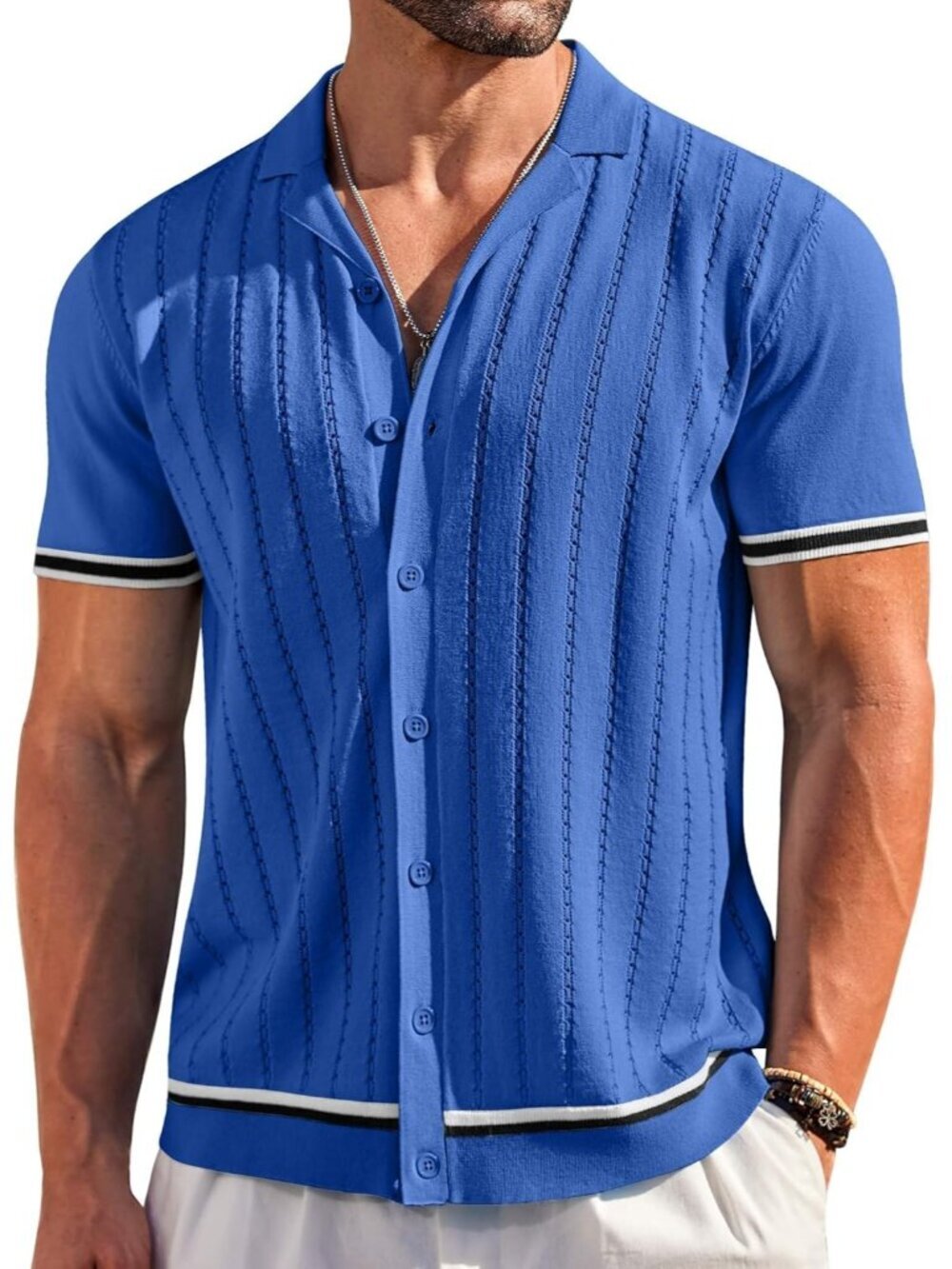 Men's Royal Blue Short Sleeve Knit Casual Button Down Vintage Striped Top Shirt